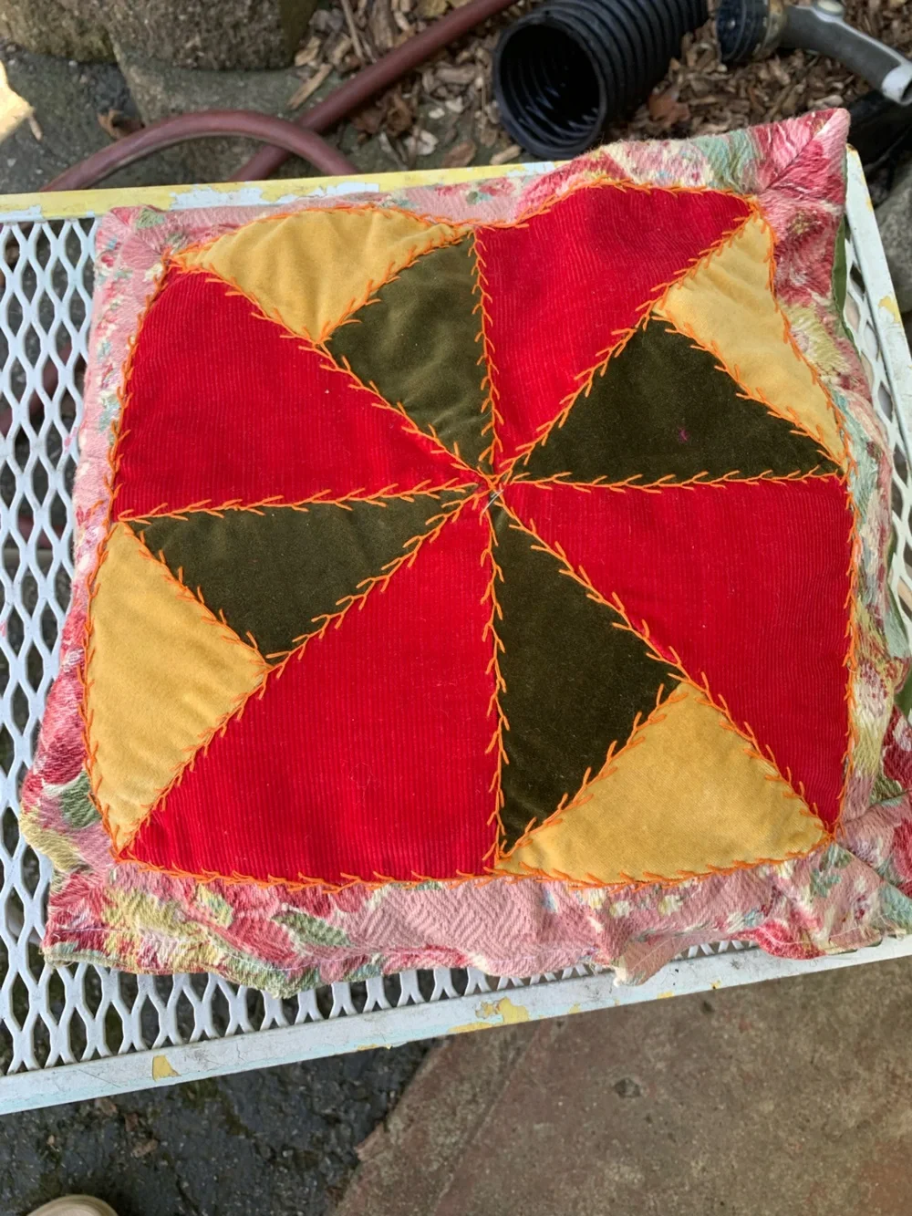 Antique Victorian Handmade Patchwork Velvet Pinwheel Pillow Vintage